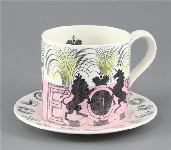 After Eric Ravilious (1903-1942) for Wedgwood. A Queen Elizabeth II Coronation commemorative mug, 17.7cm